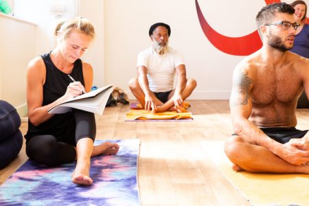 Yogafurie teacher trainees study on the 200 hour course. August 2022.